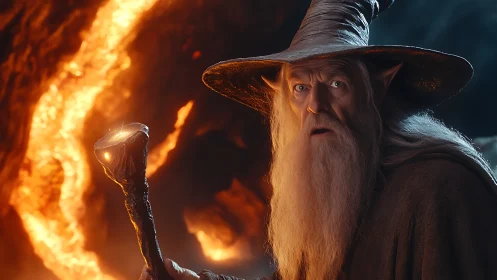 Old wizard with staff in fiery cavern environment.