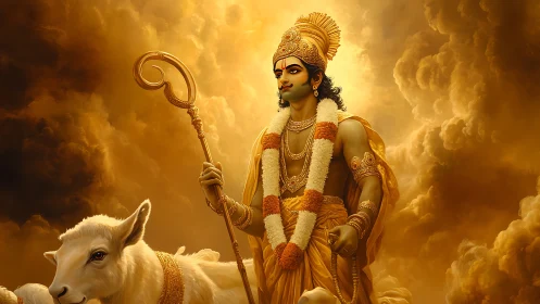 Digital painting of divine herdsman amid luminous cloudscape.