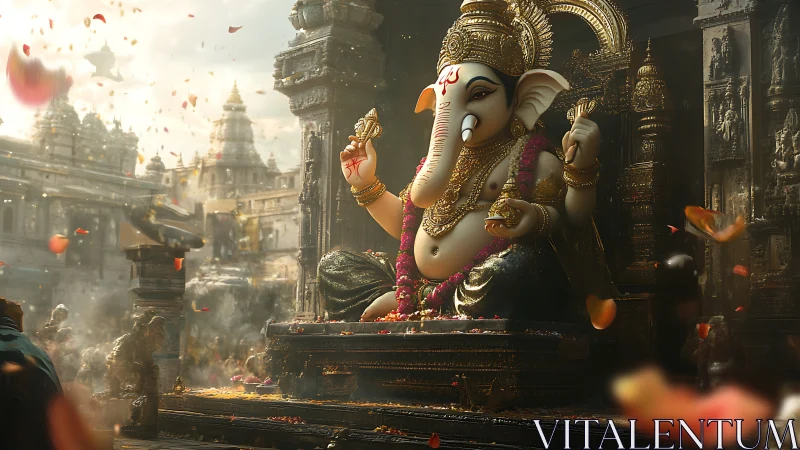Golden Ganesha throne amid swirling petals and temple light.