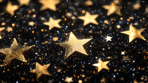 Golden bokeh stars scattered over dark glitter surface