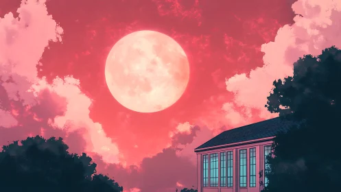 Full moon glows over pastel clouds and quiet rooftop