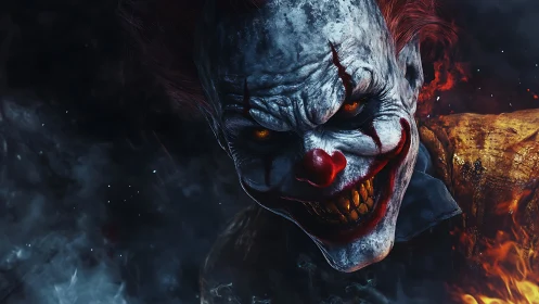 Sinister carnival grin slices through the smoke and embers