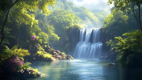 Dense forest waterfall with reflective pool in sunlight.