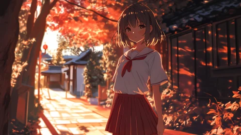 Schoolgirl stands on sunlit autumn street in evening glow