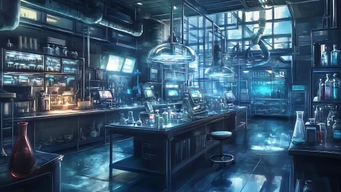 Futuristic blue laboratory interior with glowing research stations.