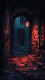 Narrow medieval alley glows under single hanging lantern
