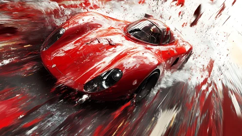Crimson speedster erupts from swirling paint and fractured light