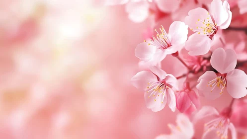 Pink cherry blossoms with golden stamens capture spring's delicate essence.