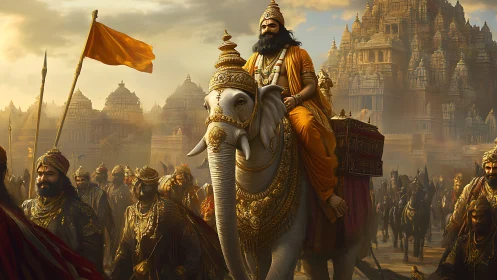 Royal leader on white elephant enters golden temple city