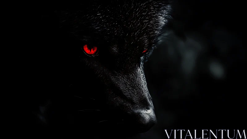 Black wolf portrait with glowing red eyes in darkness.