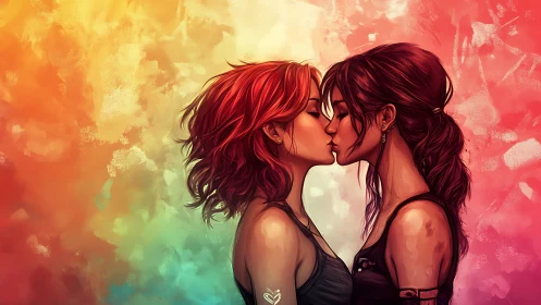 Two Women Embracing in Vibrant Watercolor Glow.