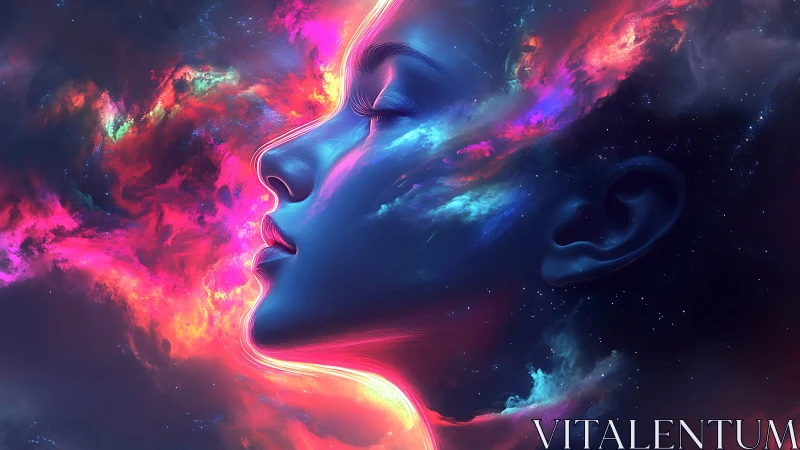 Neon cosmic profile merges human face with glowing nebula.