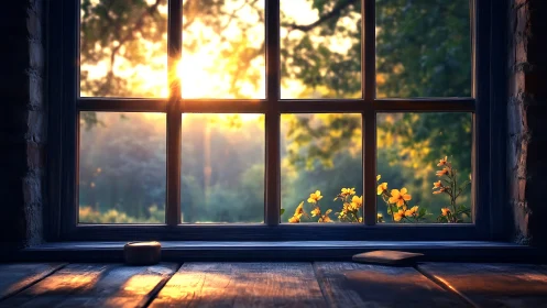Warm sunrise through rustic window with glowing wildflowers