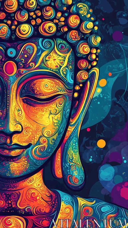 Neon serenity swirls across this psychedelic Buddha portrait