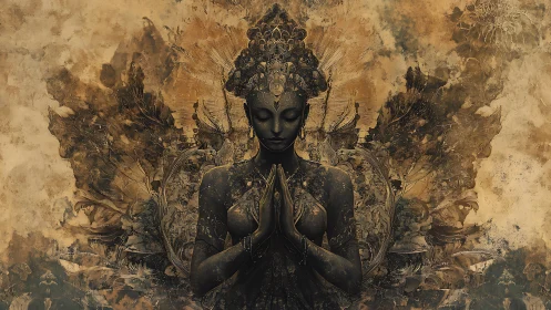 Central dark figure in ornate symmetrical spiritual motif.