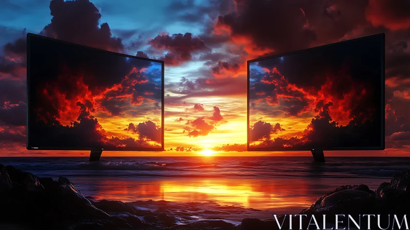 Dual curved displays mirror a saturated cinematic ocean sunset