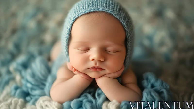 Newborn infant sleeping with eyes closed, wearing knit bonnet