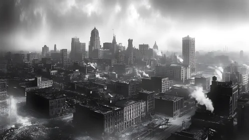 Brooding industrial cityscape rises through mist and smoke