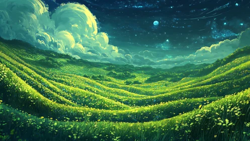 Luminous nocturnal meadow under starswept rolling hills.