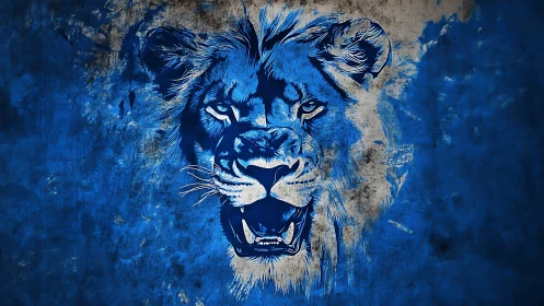Cobalt Roar: A Graffiti Lion Cracked From Urban Night.