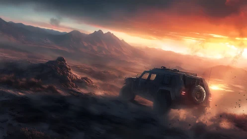 Sunset desert road trip with rugged off road adventure truck.