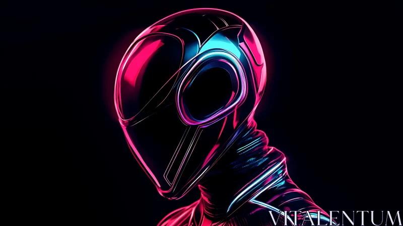 Neon cyberpunk helmet reflects vivid magenta blue light