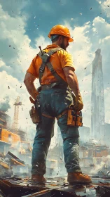 Construction worker surveys futuristic city rebuild from height