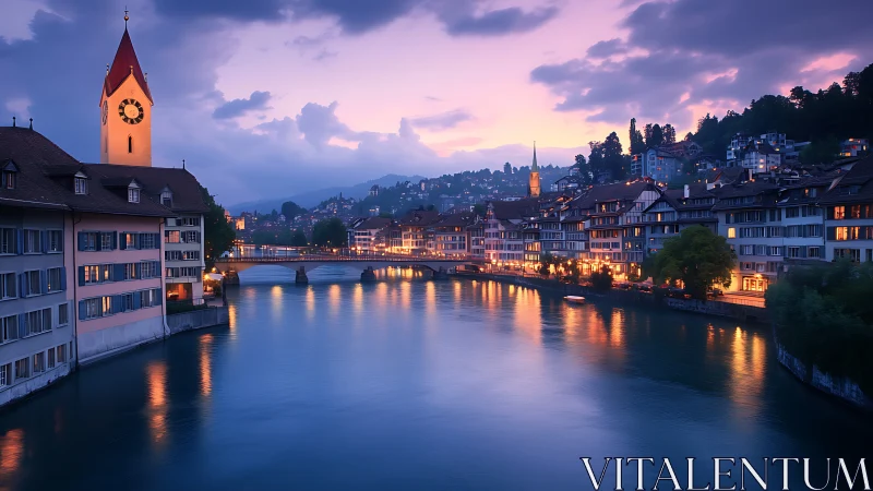 Twilight riverfront glow over a storybook European old town.