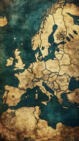 Aged cartographic rendering of Europe with textured coastlines.
