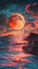 Crimson moonlight gently paints the restless ocean waves