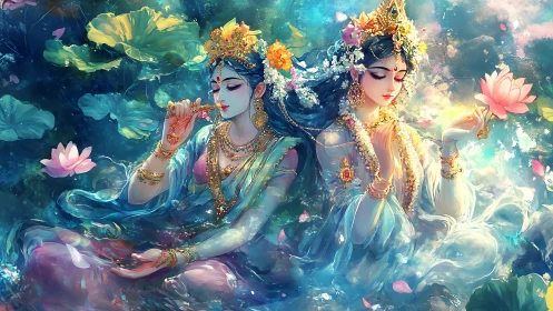 Digital painting of divine lotus maidens in ethereal palette.