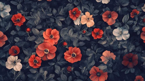 Red and cream poppies displayed against dark foliage background arrangement.