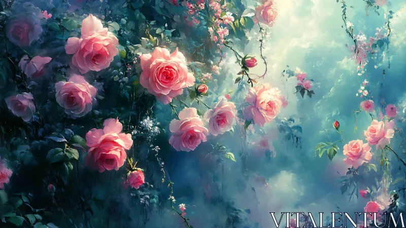 Luminous Rose Garden with Atmospheric Light and Hanging Floral Cascades