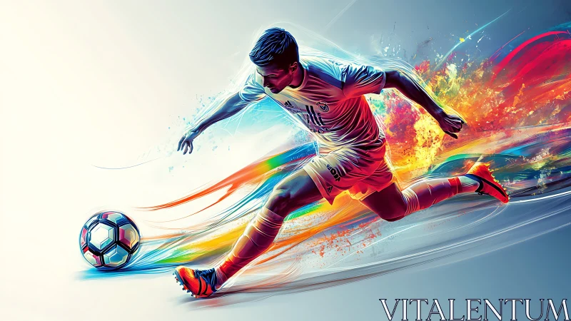 Dynamic digital art of soccer player kicking ball in motion.