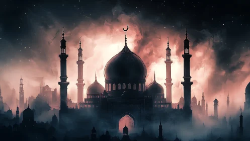 Backlit domed mosque silhouette framed by volumetric smoky clouds