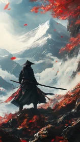 Lone wanderer gazes toward a misty, snow crowned peak.