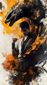 Martial artist with dragon silhouette in abstract ink field.