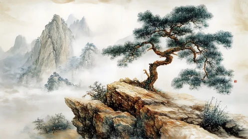 Solitary pine on misty cliffs in traditional ink landscape.