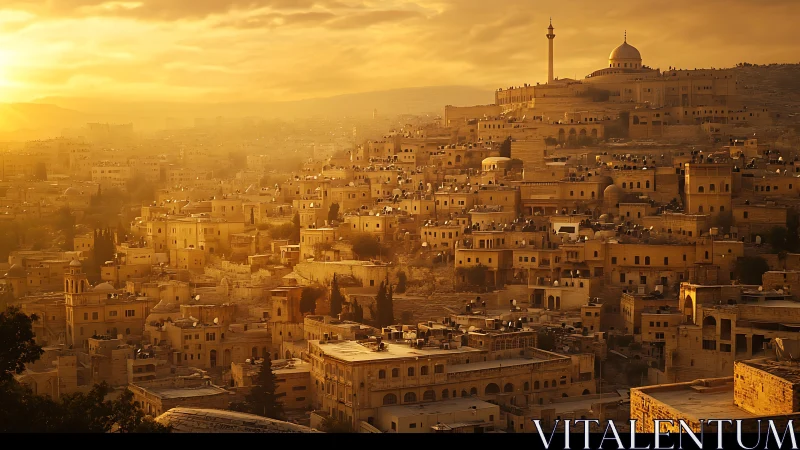 Dense hillside cityscape with mosque at warm sunset light.