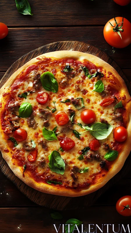 Rustic basil sausage pizza on charred wooden board