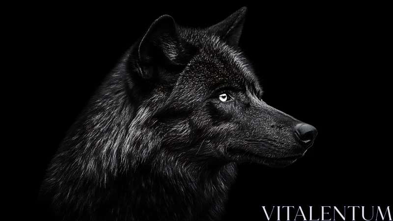 Black wolf portrait glows against deep black background.