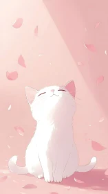 White cat basks in pink petals under soft spring light.