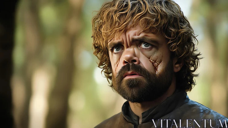 Weathered wanderer with scarred resolve in forest hush.