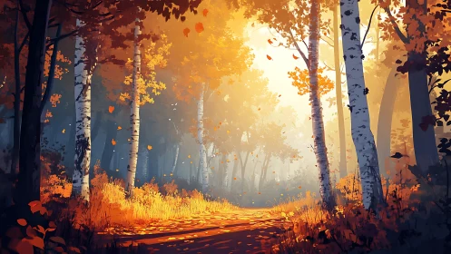Autumn forest pathway with golden sunlight filtering through birch trees.