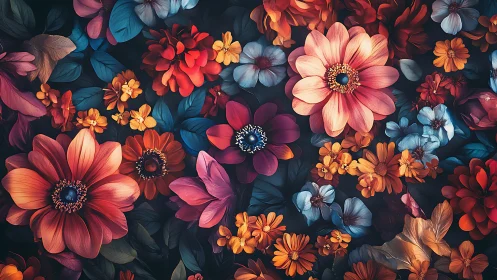 Vibrant floral composition with layered gerbera daisies and botanical elements.