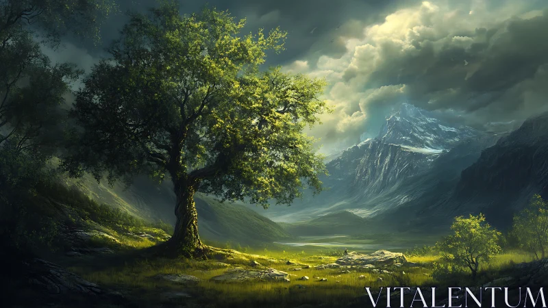 Sunlit valley tree welcoming you to a quiet mountain day.