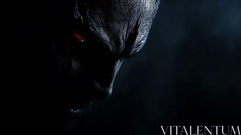 Shadowed red-eyed figure emerging from cinematic darkness.