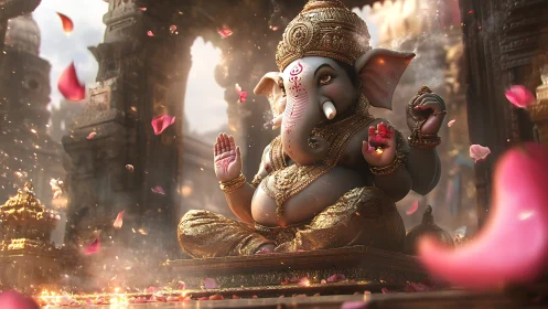 Elephant-headed deity statue in ornate temple interior space.