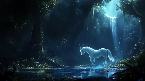 White horse stands in illuminated forest pool below waterfall