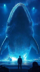 Human observer facing illuminated blue whale projection at dock.